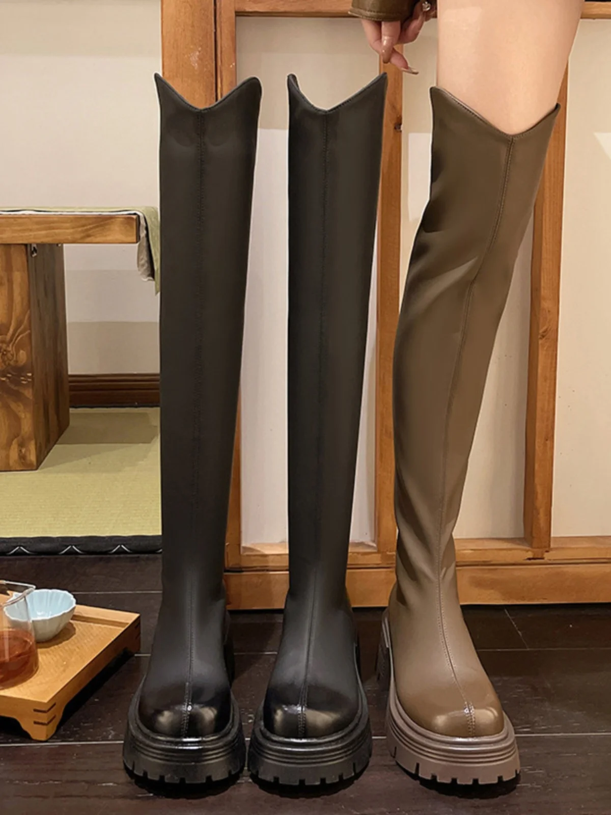 

Женские сапоги на высоком каблуке обувь на молнии сапоги на платформе-Женские Сапоги выше колена на шпильке с круглым носком женские резиновые однотонные из ПУ Basi 2023