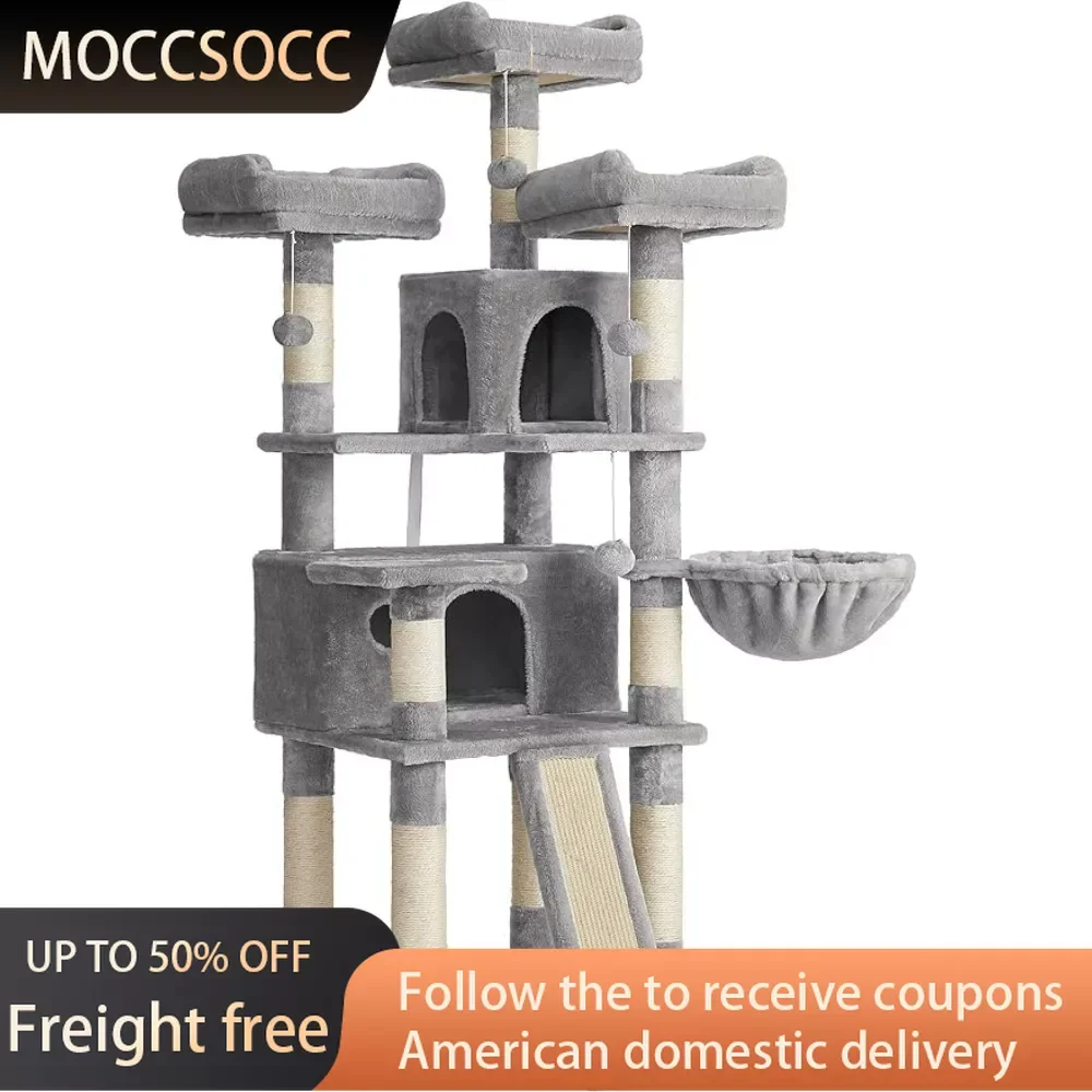 

Things for Cats Toys 2 Caves Board Large Cat Tower Cat Condo With Scratching Posts 66.5 Inches Light Gray Freight Free Pet Toy