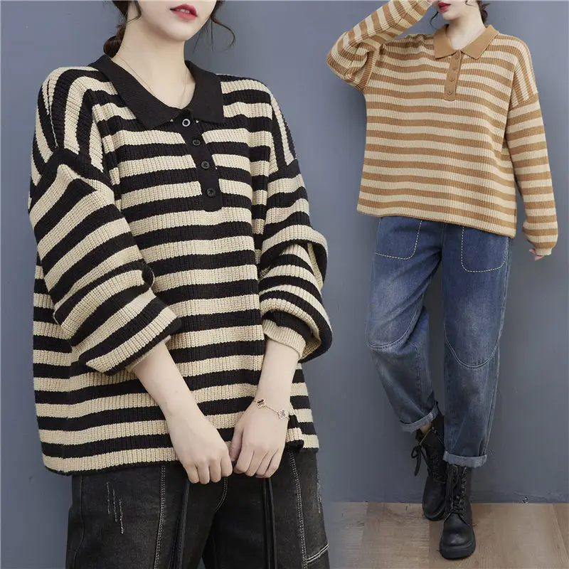 Oversized Women's Sweater Pullover Autumn And Winter 2022 New Stripe Lapel Neck Long Sleeve Casual Loose Knitwear Jumper T1667
Oversized Women's Sweater Pullover Autumn And Winter 2022 New Stripe Lapel Neck Long Sleeve Casual Loose Knitwear Jumper T1667
