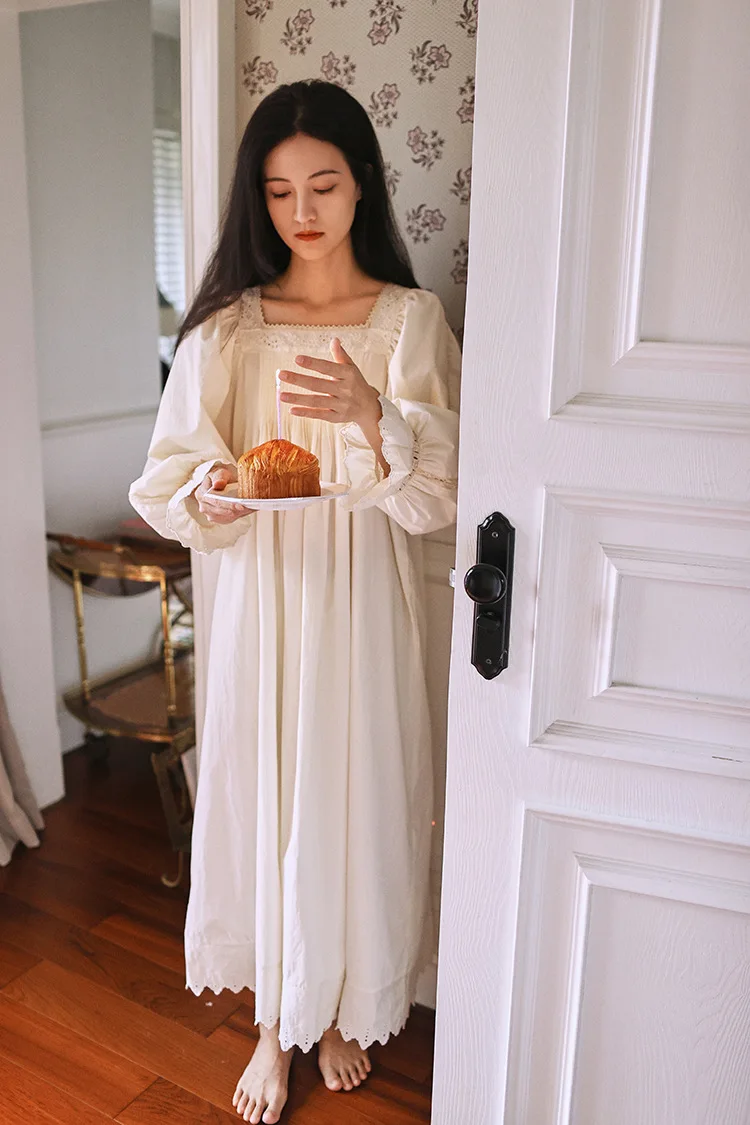 Vintage Soft Cotton Beige Long Nightgowns For Women Long Sleeve Elegant Nightshirts Comfortable Loose Sweet Night Dress 17 S42fddfa859504053abc1550a02c7f040i