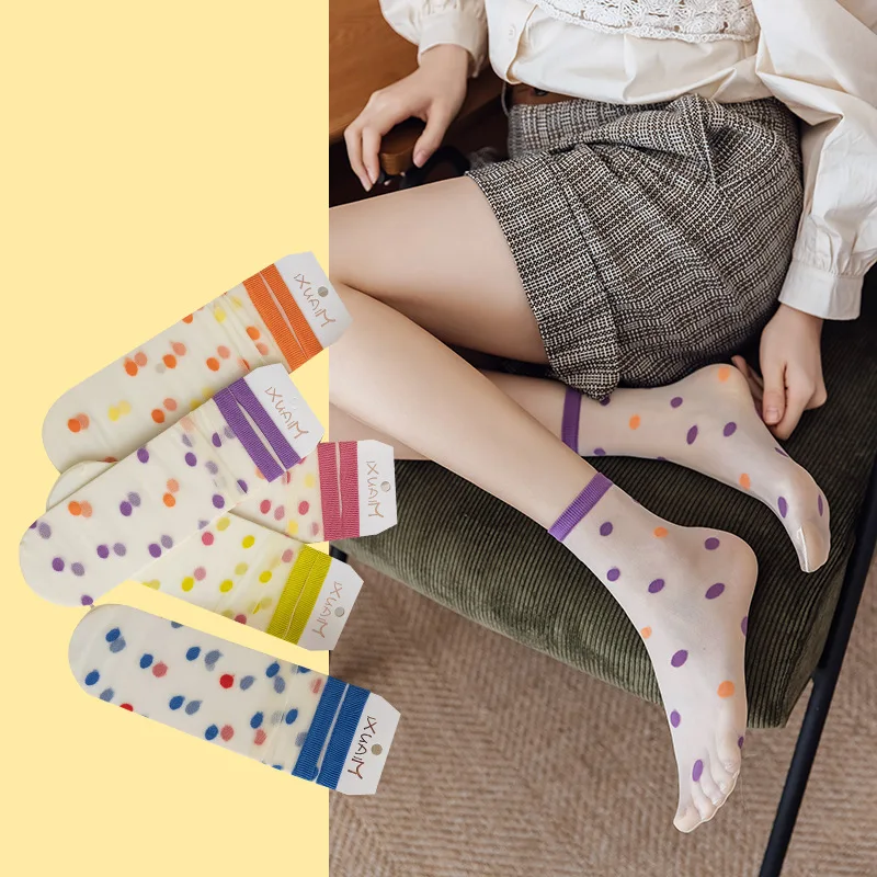 

4 Pairs High Quality New Fashion Socks For Women Summer Harajuku Silk Ultra Thin Transparent Soft Kawaii Fruits Dot Flower