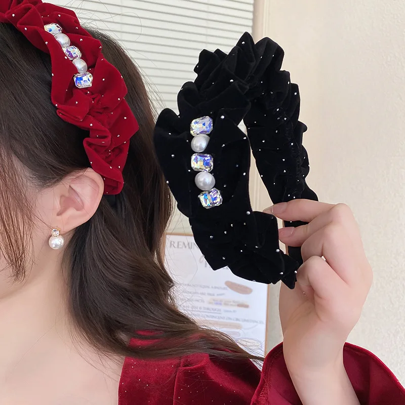 

Minar Temperament Red Black Velvet Plush Simulated Pearl Rhinestone Drape Wide Brimmed Hairband Headbands for Women Headwear