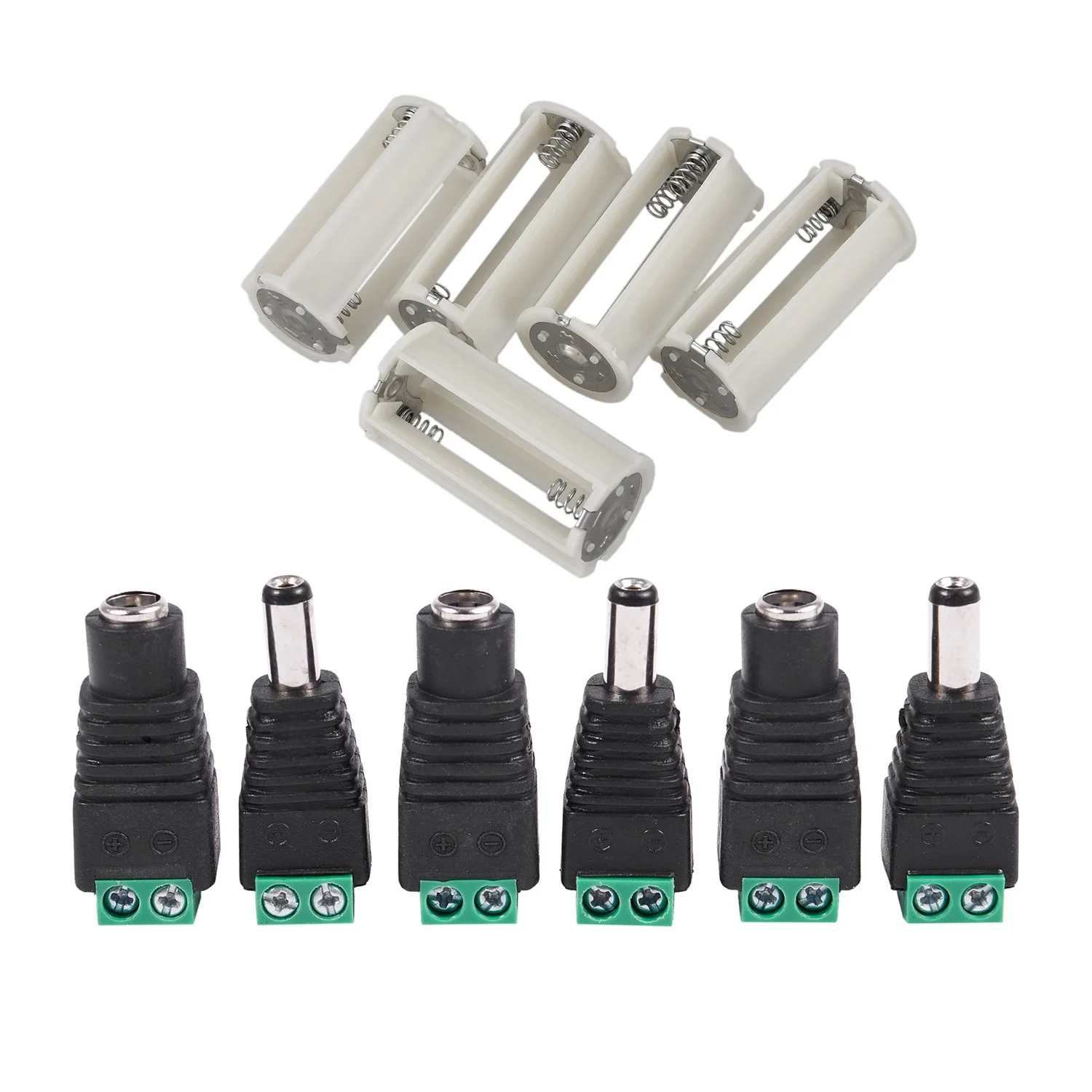 

Hot 5X Serial Connection 3X 1.5V AA Battery Plastic Holder & 6 Pcs 5.5X2.1Mm Female + Male CCTV DC Power Connector Adapter