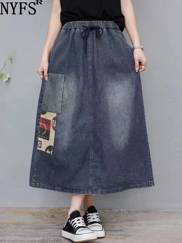 

NYFS 2023 Spring Autumn New Vintage Stripe Patch Woman Denim Skirt Elastic Waist Pencil Long Skirts