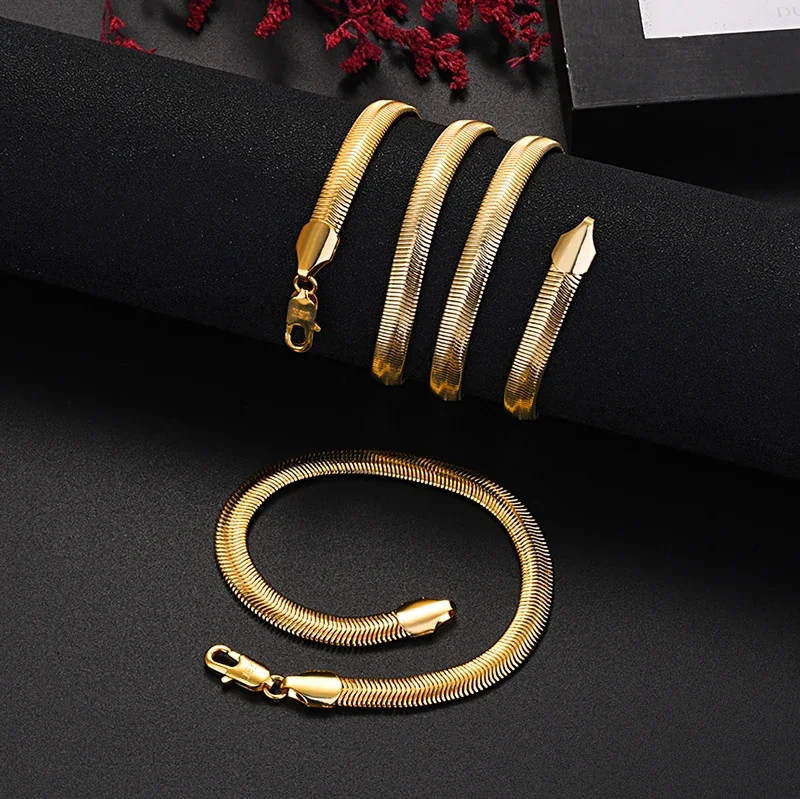 

High Quality 925 Sterling Silver Plated 18K Gold Luxury 6MM Snake Bone Necklace Bracelet Jewelry Sets for Men Women Fashion Gift