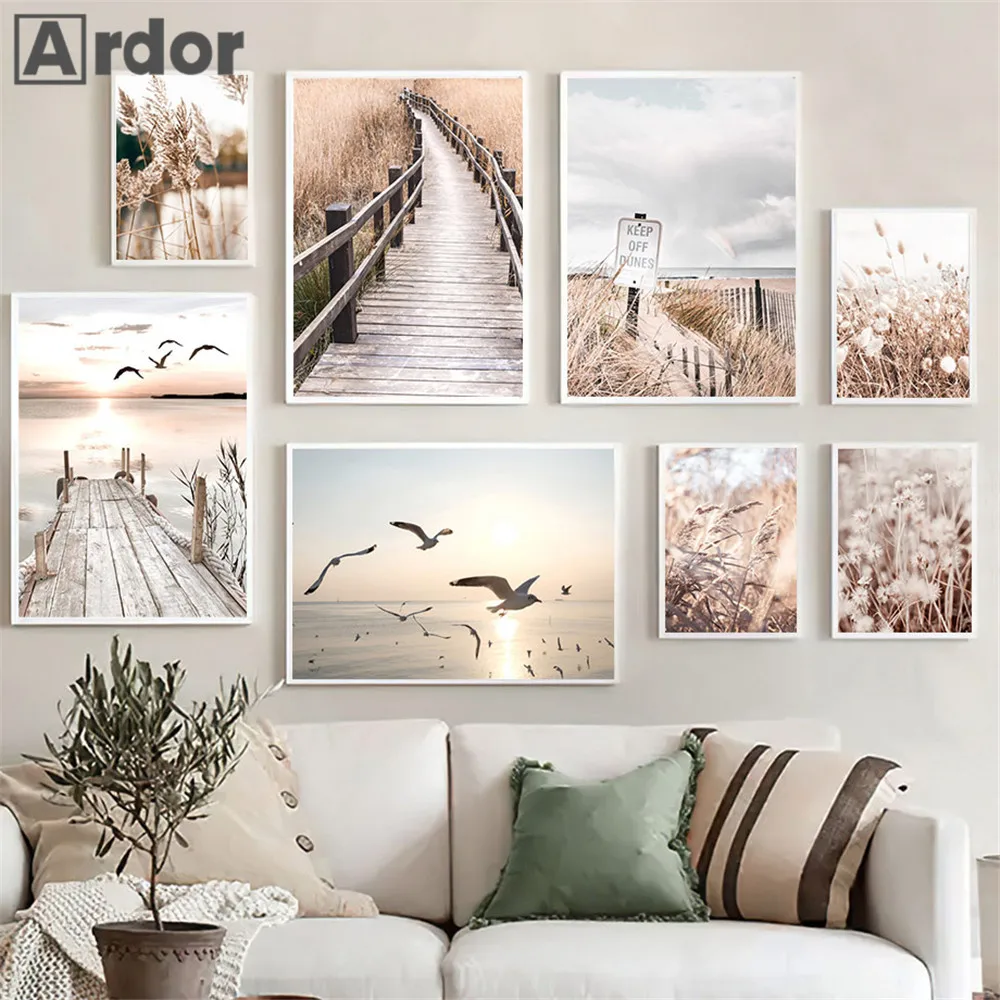 

Sunset Lake Bridge Seagull Poster Painting Grass Reed Canvas Print Pictures Beige Scenery Posters Nordic Wall Art Bedroom Decor