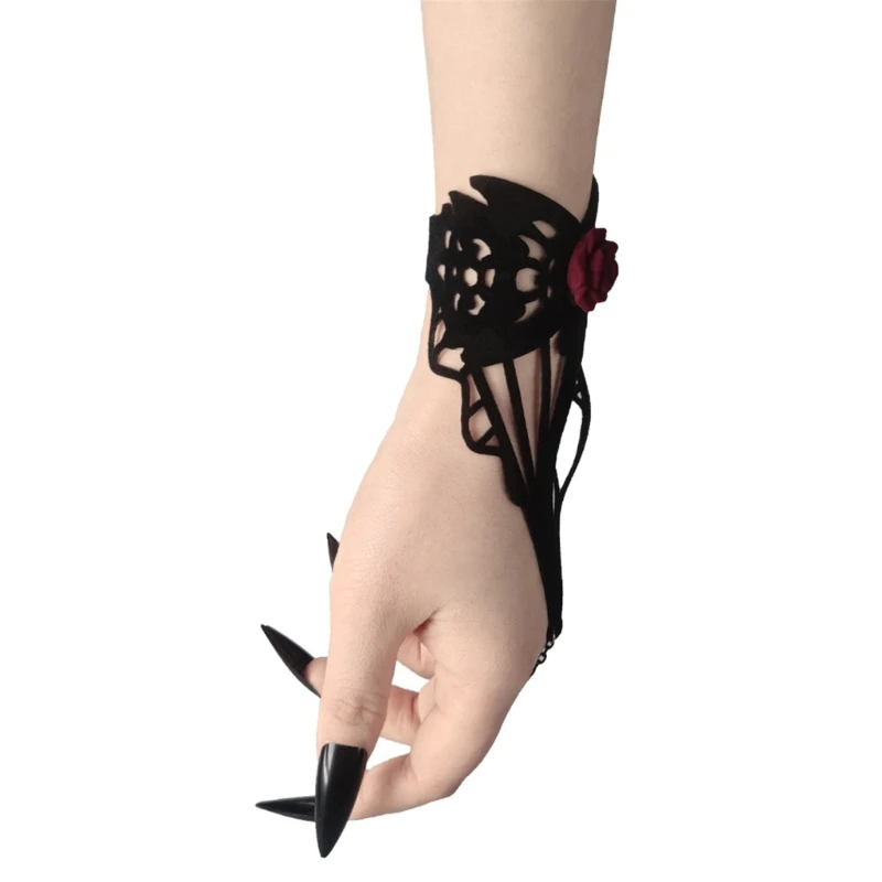 

Готический черный кружевной браслет с кольцами на пальцах, аксессуары для костюмов в викторианском стиле, браслеты с вампирами в