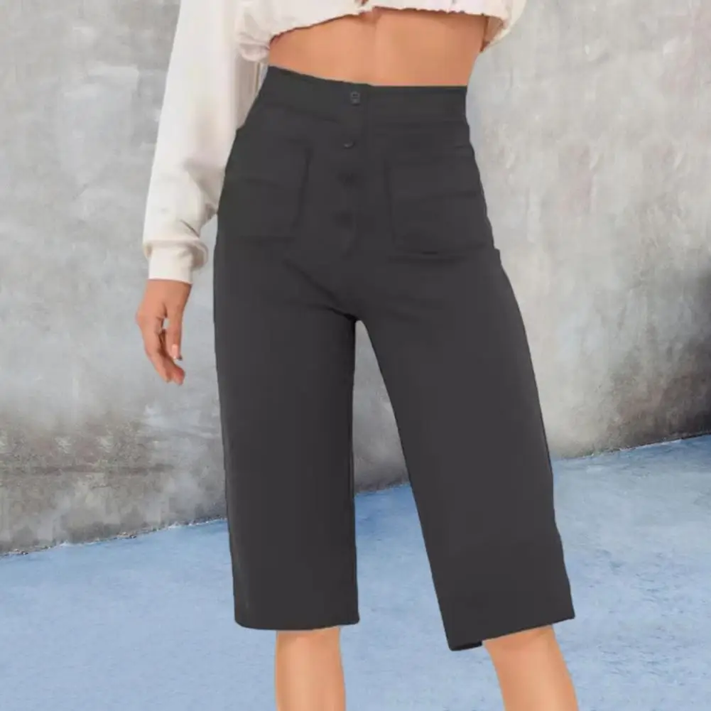 

Cropped Pants with Button Accents High Waist Button Decor Straight Leg Shorts with Multiple Pockets for Women Stretchy Work