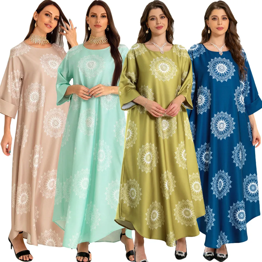 

Dubai Kaftan Moroccan Muslim Women Long Dress Jalabiya Floral Print Beading Arabic Abaya Islamic Clothing Turkish Solid Ramadan