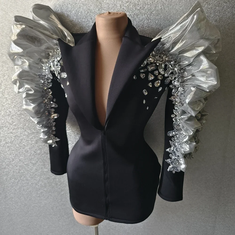 

Sparkly Sequins Rhinestones Big Sleeves Black Jacket Sexy Singer Dancer Nightclub Jazz Dance Costume Performance Show Stage Wear