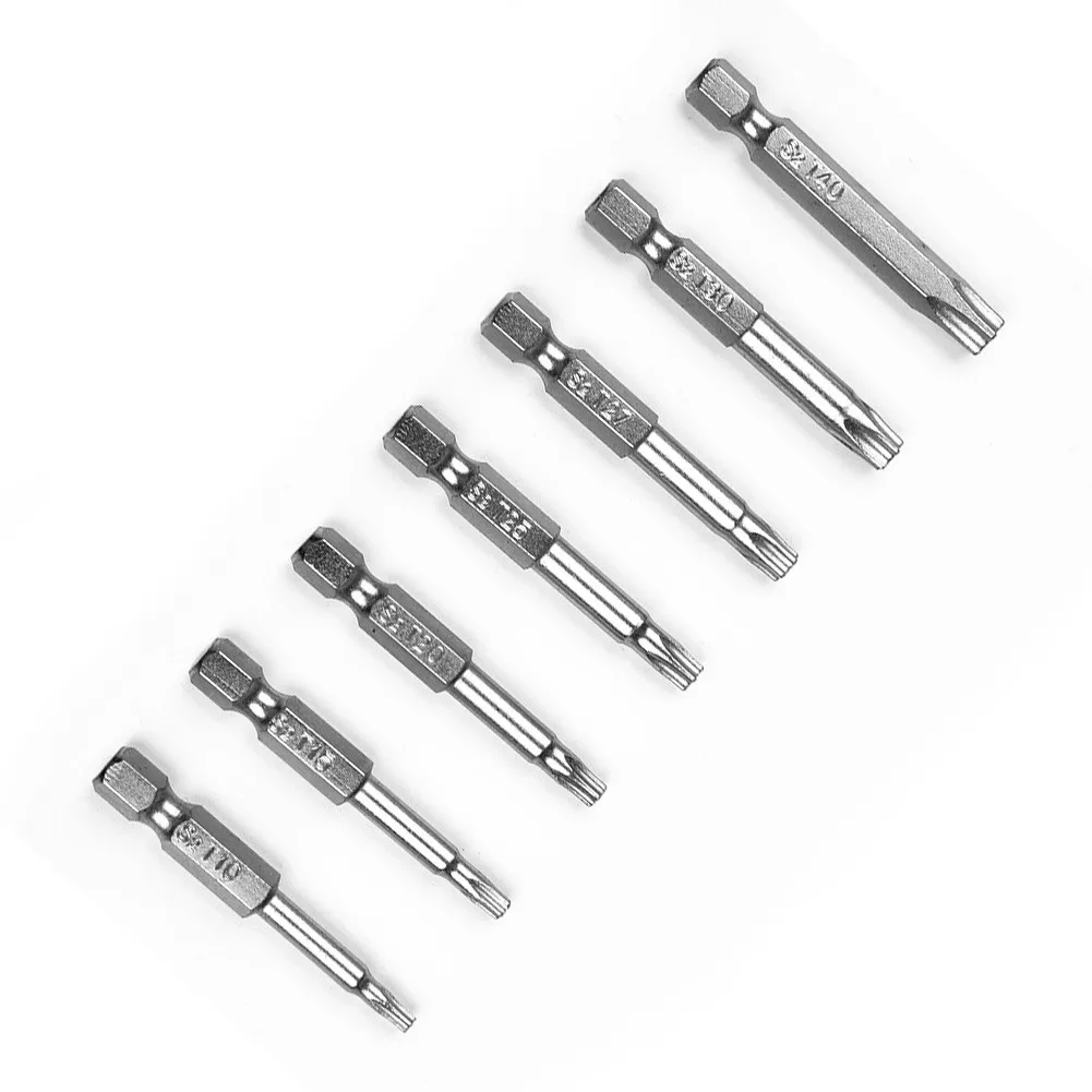 

7Pcs 1/4\" Hex Shank 50mm Bits Five Point Five Star Magnetic Silver T10-T40 Torx Screwdriver Durable High Grade