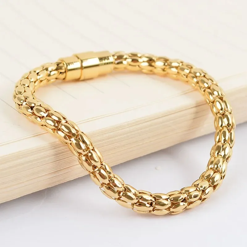 

Fashion Women Color Rose Gold Brown Stainless Steel CronCircular Magnet Clasp Link Popcorn Pulseras Bracelet Jewelry