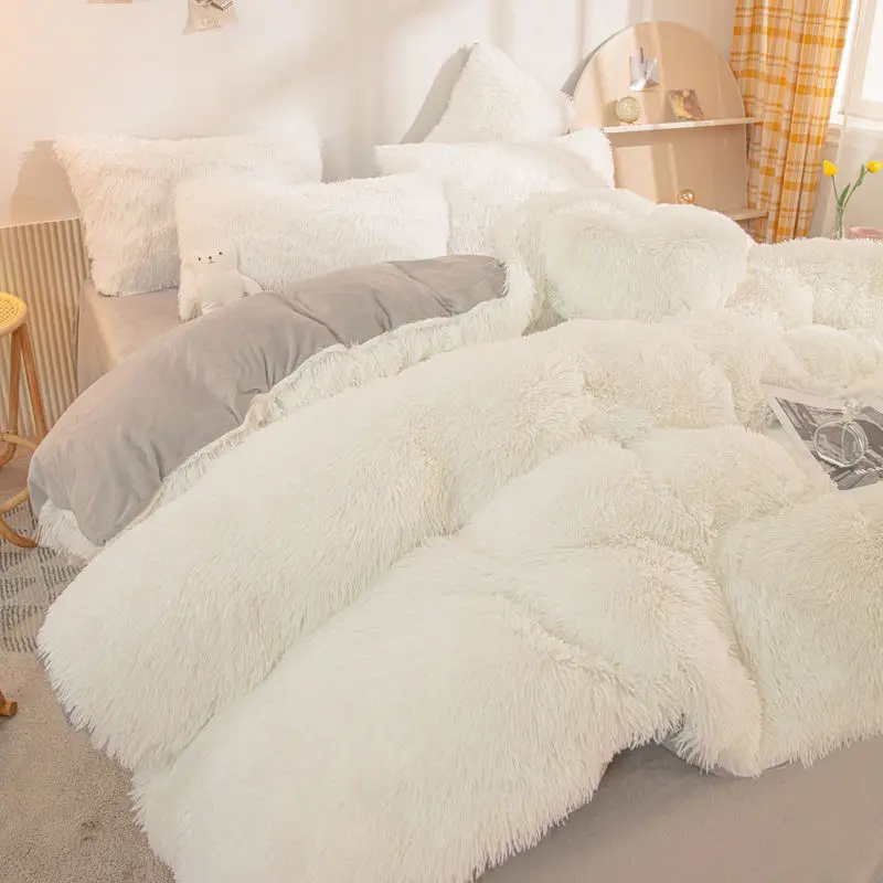 

Luxury 4Pcs Super Shaggy Soft Coral Fleece Warm Cozy Bedding Set Mink Velvet Duvet Cover Quilt Cover Set Bedspread Blanket