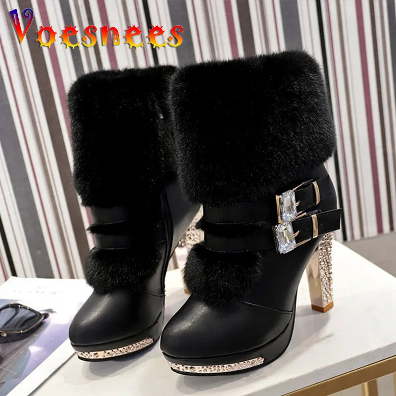 

Square Heel Women Winter Shoes Fashion Bright Diamond Belt Buckle Warms Furry Snow Boots High Heels Black Platform Ankle Boots
