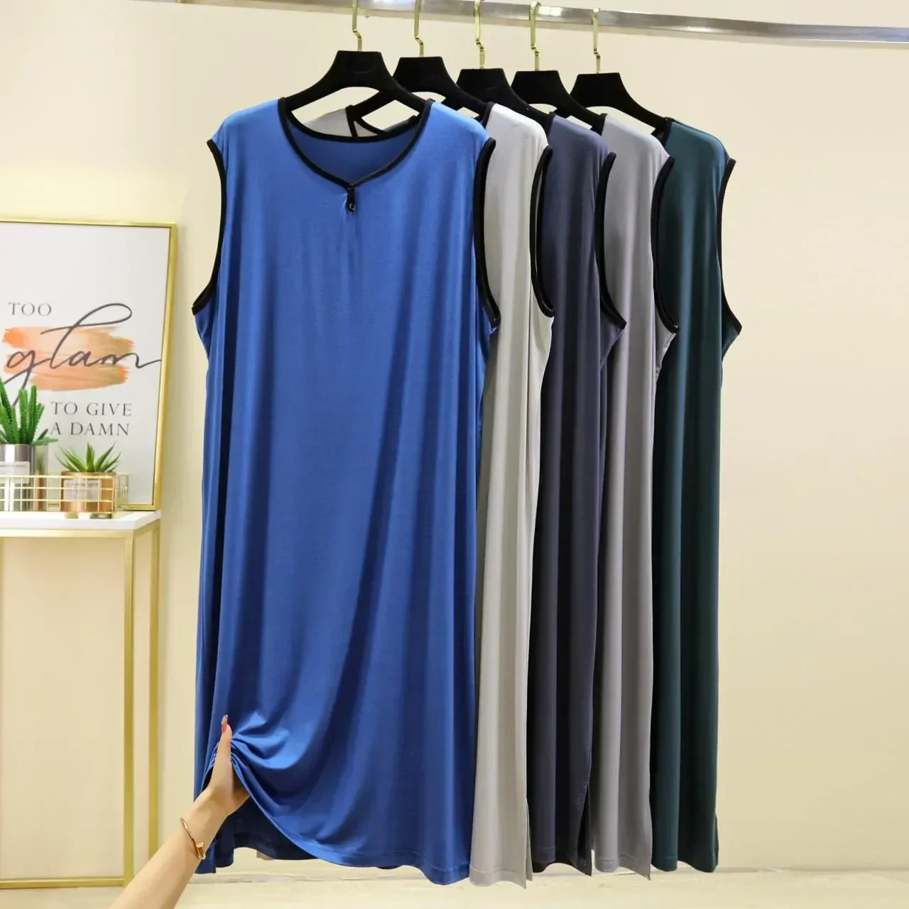

Cotton Long Thin Tops Mid Color Size Nightshirt Pajamas Loose for Modal Plus Men Summer Sleepwear Solid Sleeveless