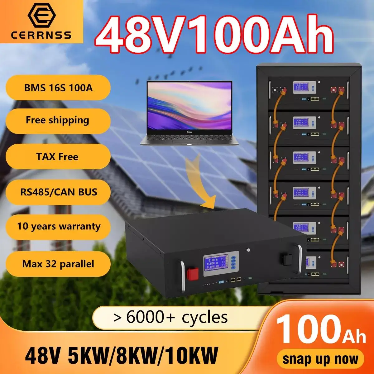 

LiFePO4 Battery 48V 100AH 5KW Lithium Solar Battery 6000+ Cycles RS485 CAN 16S 100A BMS Max 32 Parallel For Inverter TAX Free