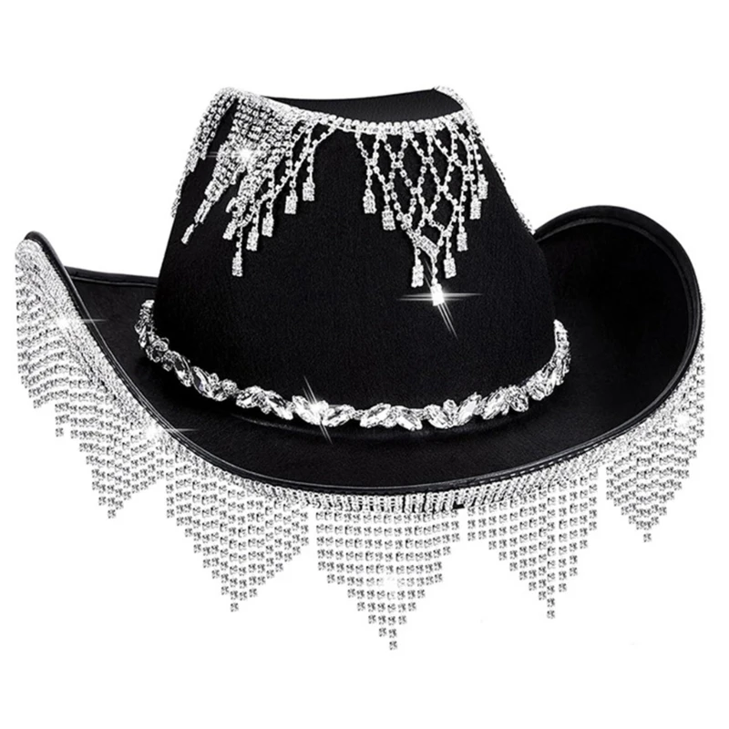 

652F Vacation Cowboy Hats Diamond Tassels Hand Beading Crystal Gift for Girl Cowgirl Hat for Carnivals Music Festival
