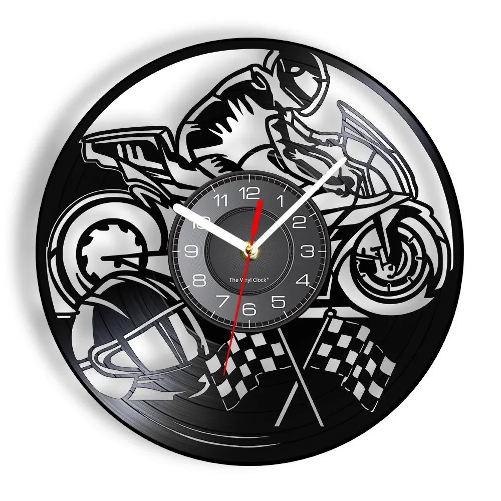 

Настенные часы с виниловой пластиной для мотогонок, музыкальный альбом в стиле ретро, домашний декор, бесшумные настенные часы для мотоциклистов, гонщиков, гонщиков, подарок