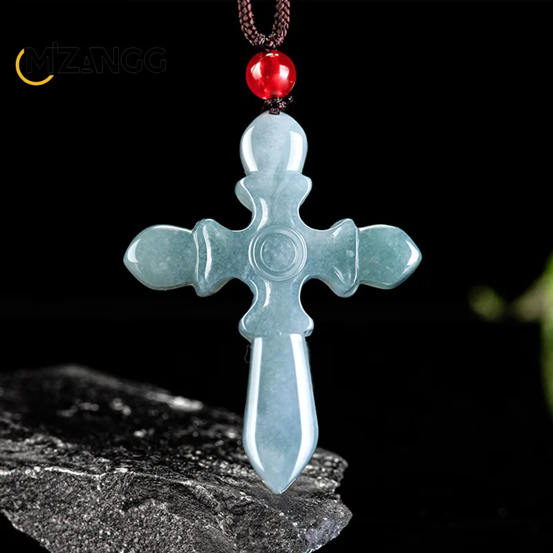 

Natural A-goods Jadeite Blue Water Cross Jade Pendant Hand-carved Exquisite Men and Women Lucky Amulet Necklace Holiday Gifts