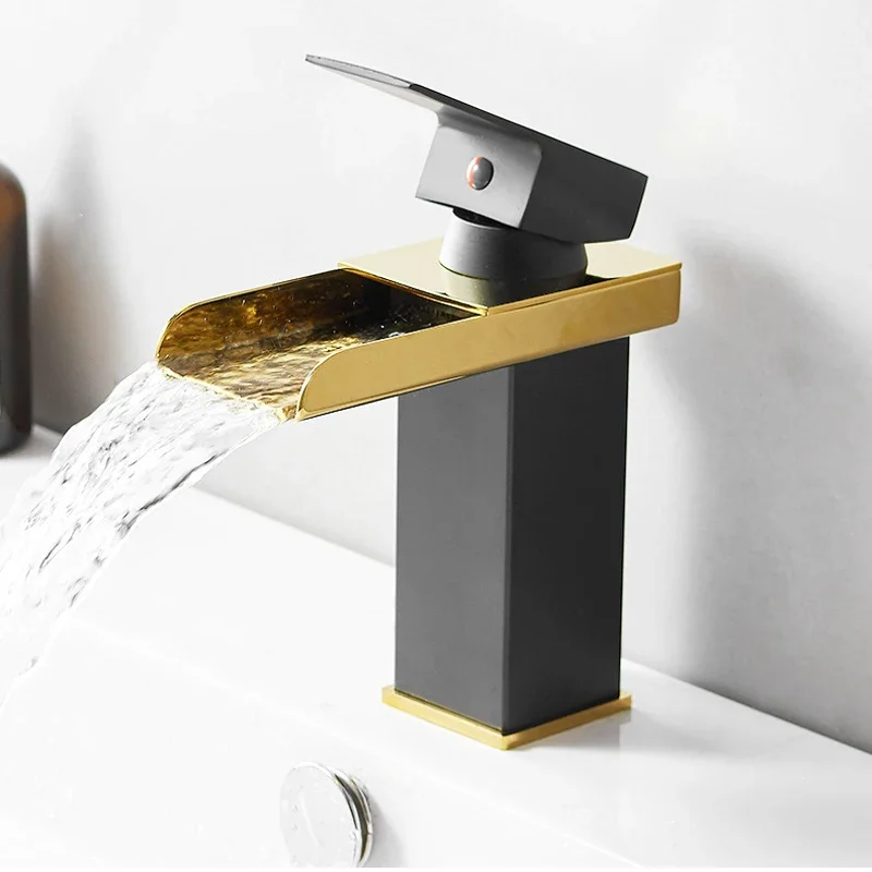 

Waterfall Basin Faucet Bathroom Deck Mounted Black Gold Sink Tap Cold and Hot Water Mixer Tap Brass Vanity Vessel Sink Faucets
