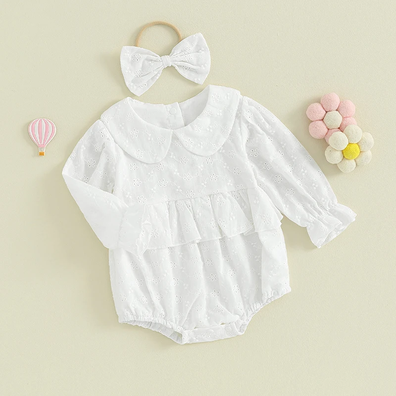 

Infant Girl Rompers Cutout Lace Ruffles Doll Collar Long Sleeve Jumpsuits Newborn Clothes Bodysuits with Headband