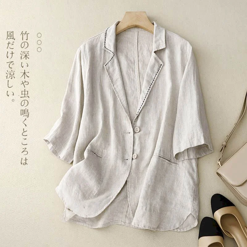 

Summer Thin Blazers for Women Vintage Short Sleeve Casual Korean Style Outerwears Mid Length Tailored Collar Coats Women Tops