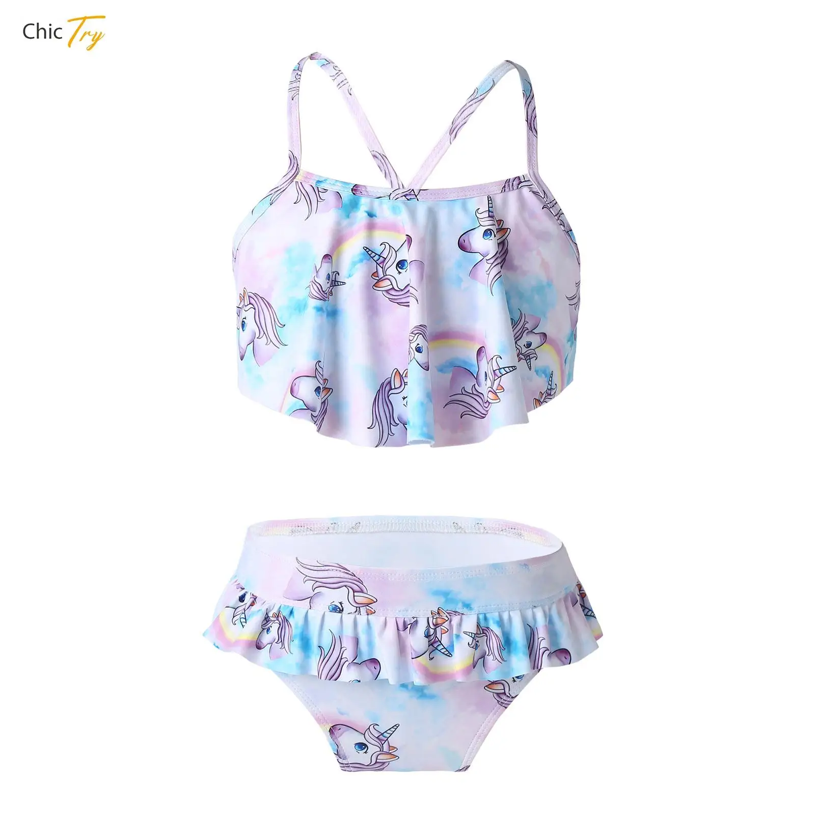 

Kids Girls 2 Piece Ruffle Flounce Criss-Cross Crop Tops with Bottoms Tankini Swimwear Bathing Suit Summer Swimsuit Beachwear