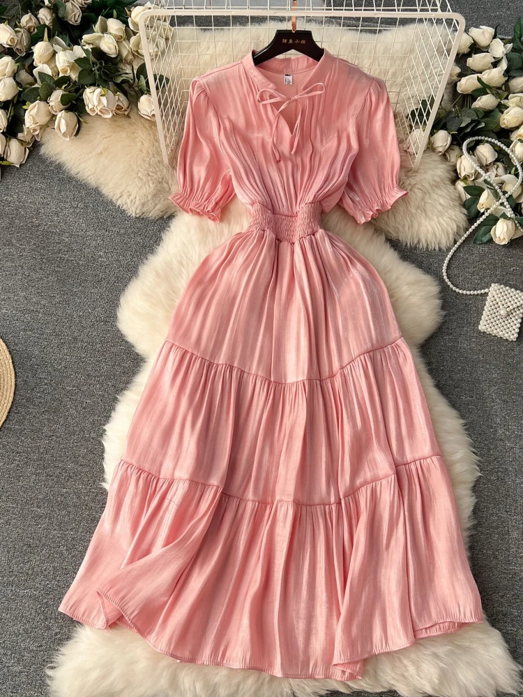 

Elegant Solid Pleat A-line Dress Women Summer Round Neck Hollowed Out Bubble Sleeves Elastic Waist Slim Party Vacation Robe