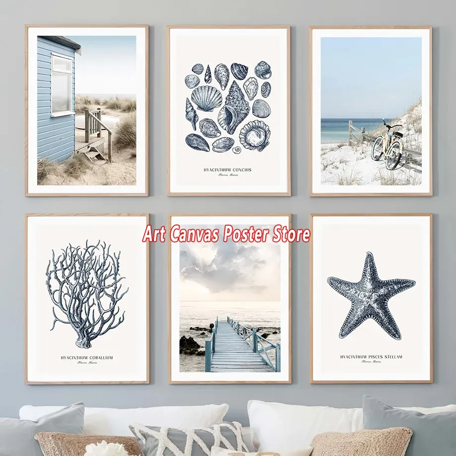

Beach Hut Bridge Reed Starfish Conch Coral Ocean Poster Wall Art Canvas Painting And Print Picture For Living Room Decor Cuadros