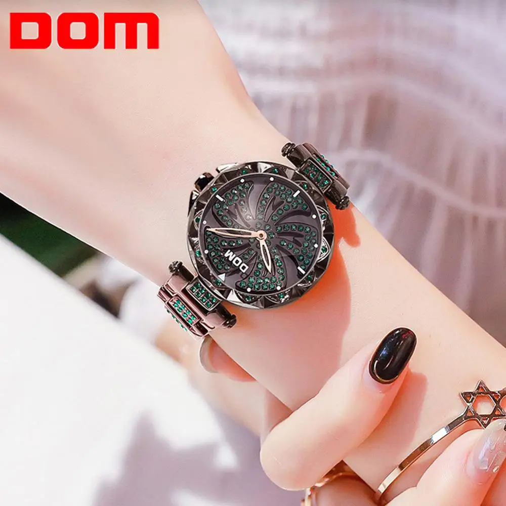 

DOM Luxury Fashion Lady Watch Stainless Steel Dress Women Bling Rhinestone Watch Quartz Wrist Watches Ladies Gift G-1258BK-1MF