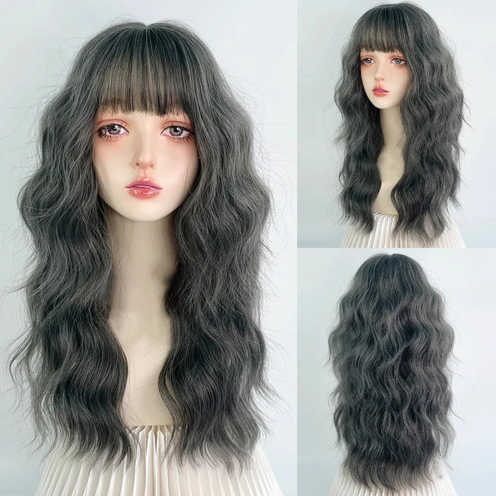 

VICWIG Long Wavy Curly Grey Black Wig with Bangs Synthetic Lolita Cosplay Women Hair Heat Resistant Wig for Daily Party