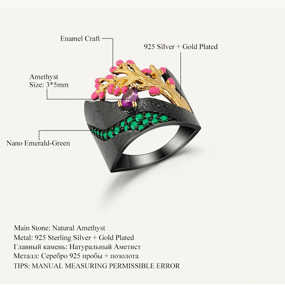 GEM'S BALLET Natural Amethyst Ring 925 Sterling Silver Golden Tree Flowers Stream Enamel Craft Ring for Women Mom Fine Jewelry
GEM'S BALLET Natural Amethyst Ring 925 Sterling Silver Golden Tree Flowers Stream Enamel Craft Ring for Women Mom Fine Jewelry