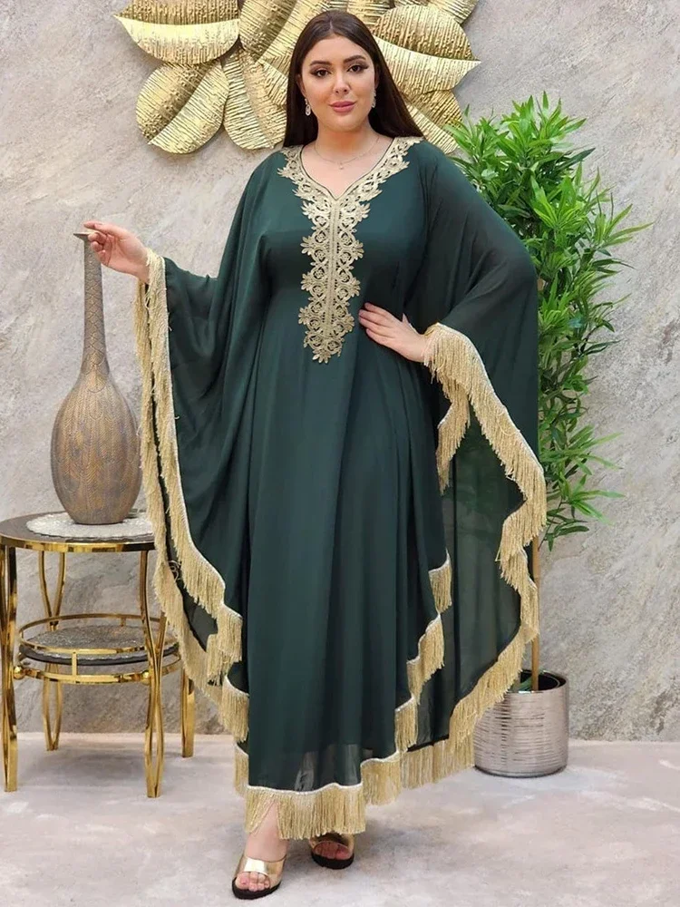 

Muslim Arab Robes Abaya Middle East Woman Dress Batwing Sleeve Tassels Patchwork Long Sleeves Embroidery Kaftan Party Gowns 2024