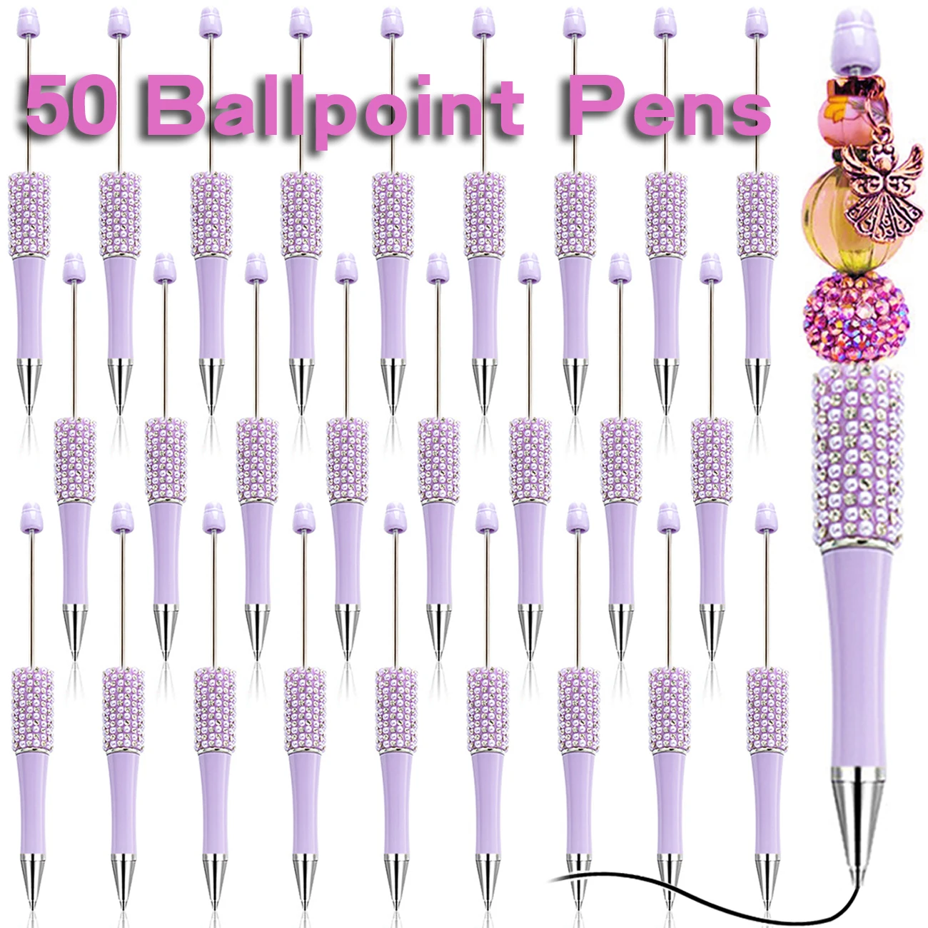 

50Pcs Purple Diamond Bead Pen Wholesale Creative DIY Handmade Sticker Set Diamond Beaded Ballpoint Pens Advertising Gift Pen