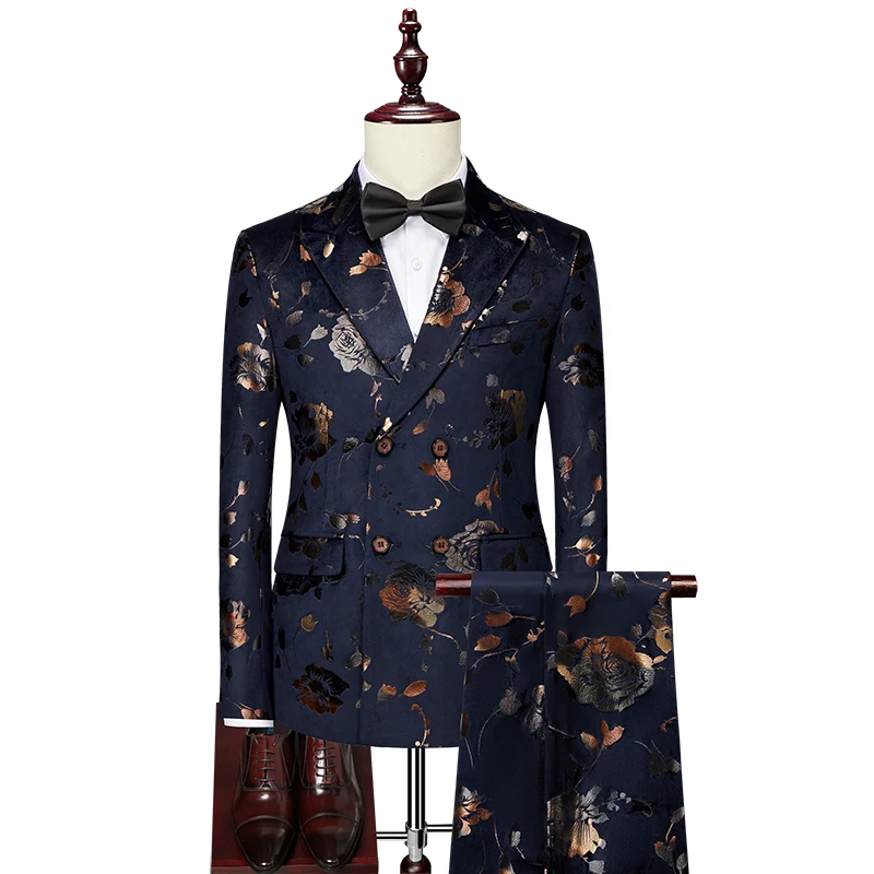 

(Customized)Men's Elegant Nightclub Two-Piece Suit:Smooth Velvet Prints and High-Quality Rock and Roll Costumes for Prom Parties