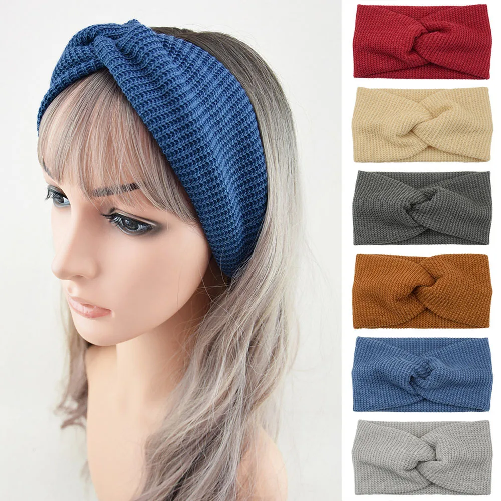 

Knitted Cross Headband Crochet Knit Woolen Turban Headwrap Solid Color Knitting Wide Hairband Soft Warm Elastic Hair Band