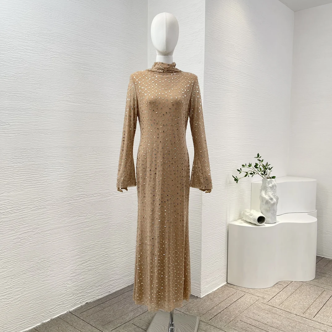 

2024 New Spring Elegant Nude Color Long Sleeve Diamonds Pressed Turtleneck Mermaid Tube Trumpet Midi Dress