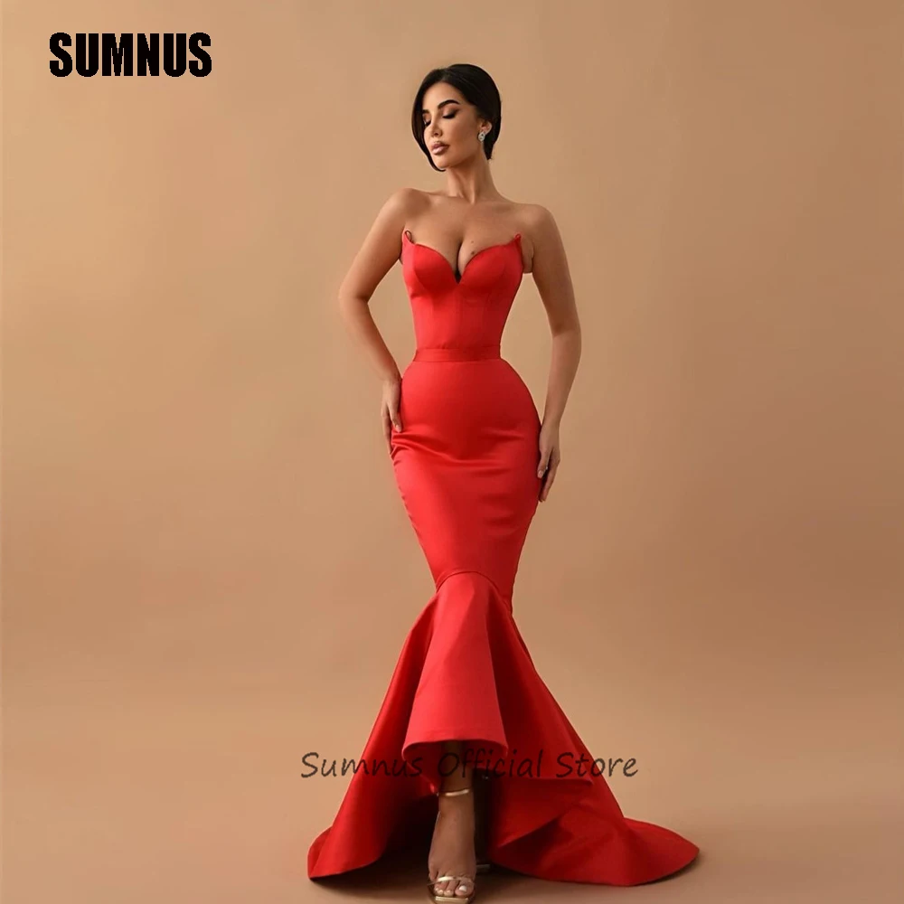 

SUMNUS Red Satin Sexy Mermaid Prom Dresses Strapless Evening Dress Slim Fit Party Gowns Saudi Arabia Custom For Women Bespoke