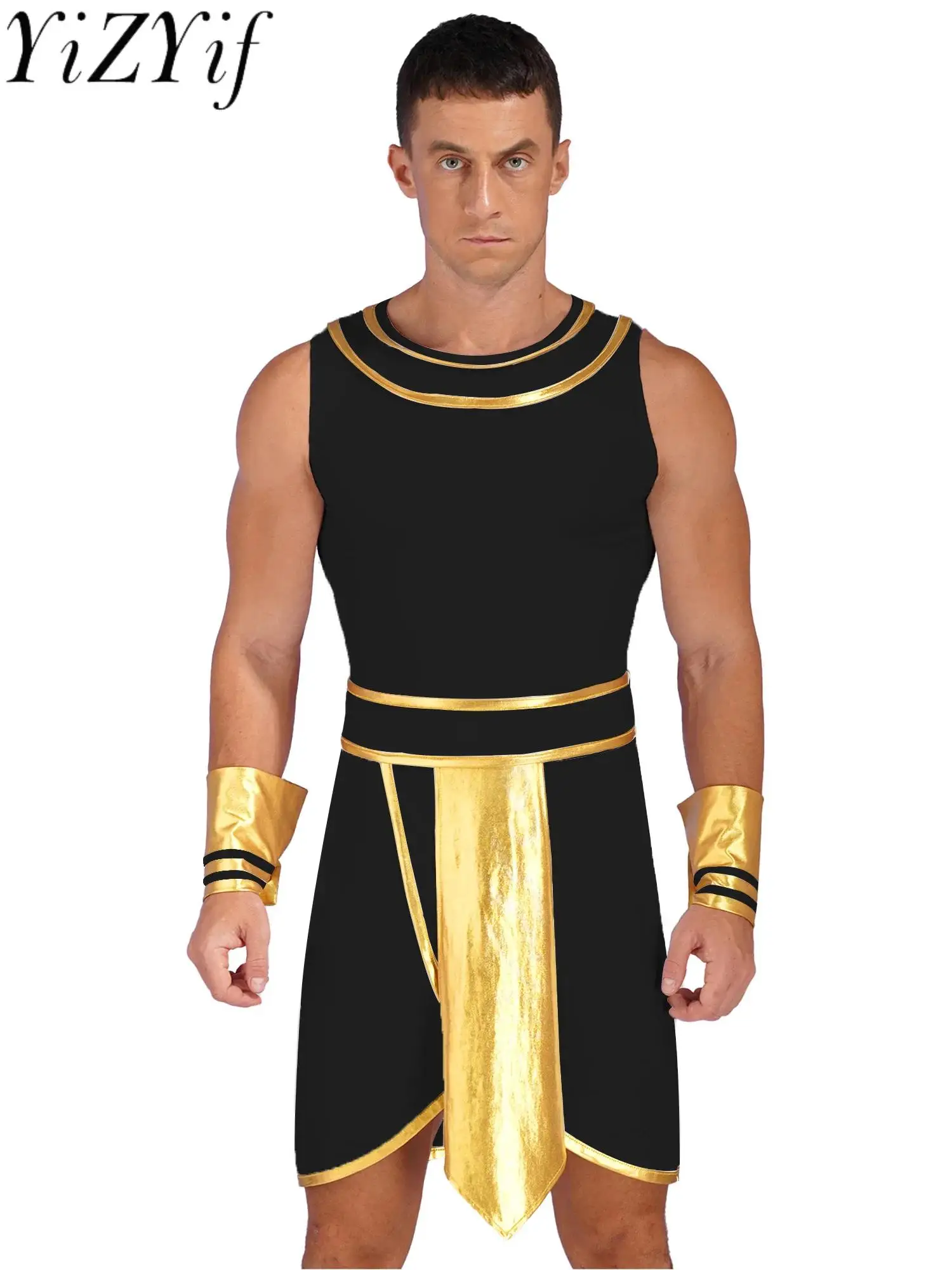 

Mens Halloween Egyptian Pharaoh King Cosplay Costume Contrast Color Dress with Cuff Theme Party Ancient Egypt Role Play Clothes