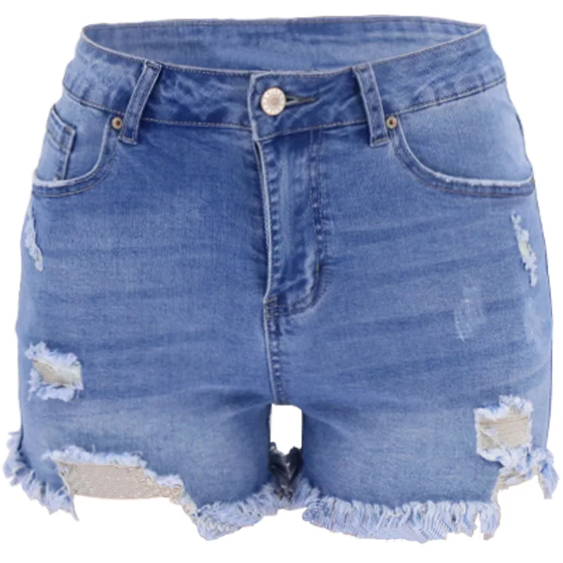 

Plus Size Ripped Jeans for Women Blue High Waisted Jeans Skintight Holes To Lift The Buttocks High-waisted Women's Denim Shorts