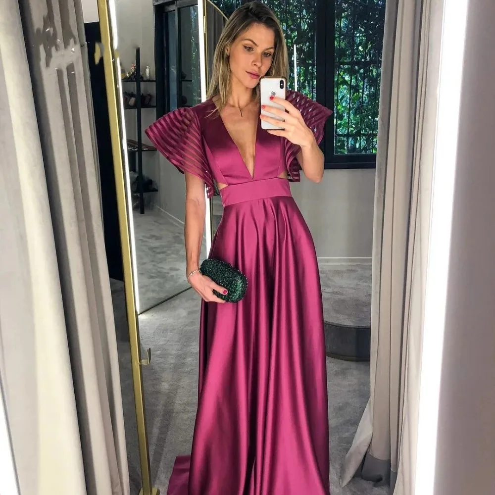 Elegant Deep V Neck Evening Dresses Open Back A-Line Puff Sleeves Backless Formal Party Gowns Robe Femme Soirée For Women 
Elegant Deep V Neck Evening Dresses Open Back A-Line Puff Sleeves Backless Formal Party Gowns Robe Femme Soirée For Women