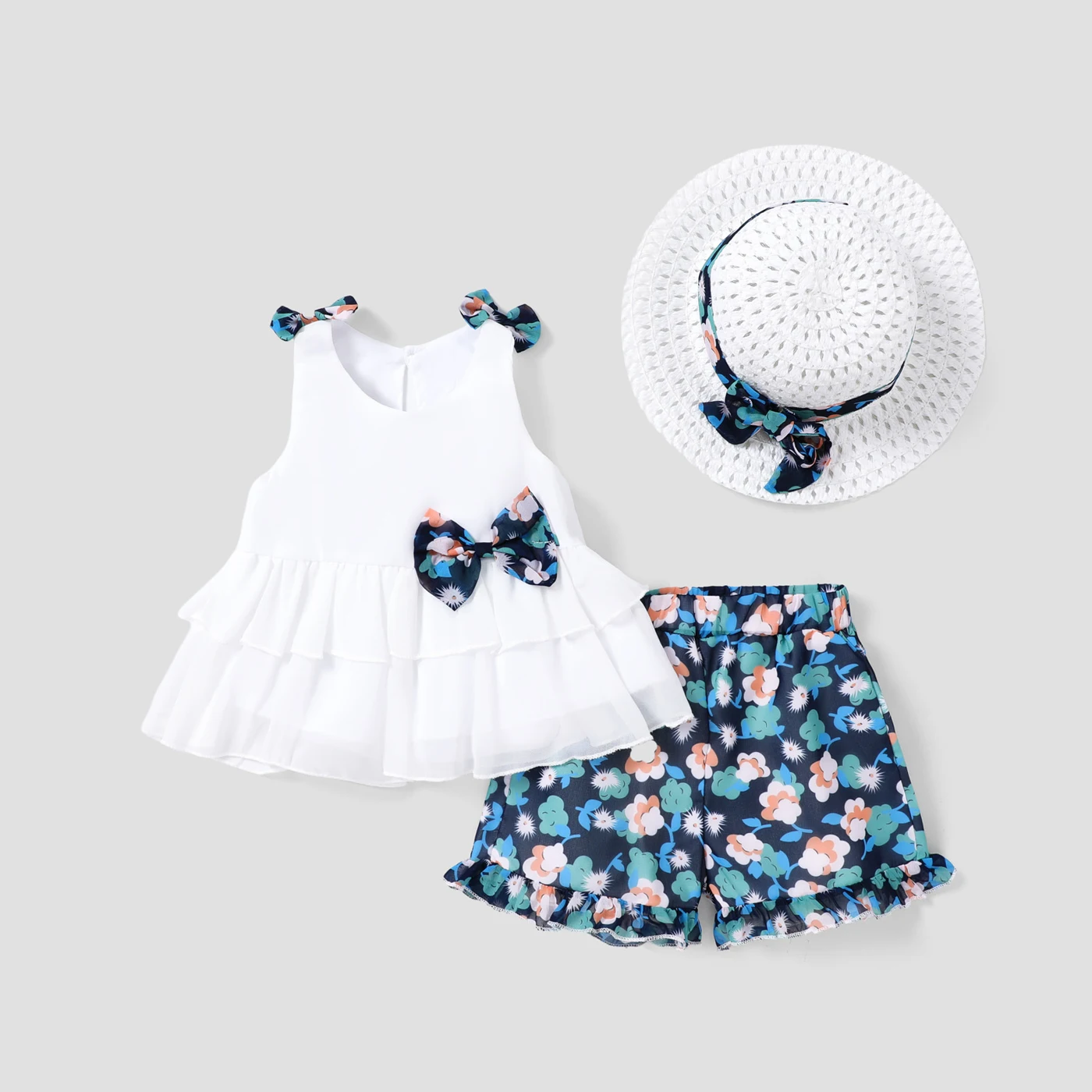 

PatPat 3pcs Toddler Girl Bow Decor Hat & Layered Ruffled Tank Top & Floral Print Shorts Set