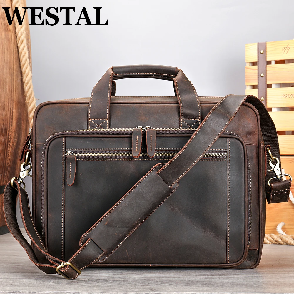 

WESTAL Crazy Horse Genuine Leather Men's Briefcase 15.6 Inch Laptop Bag Messenger Shoulder Bag Business Handbag Porte-Documents