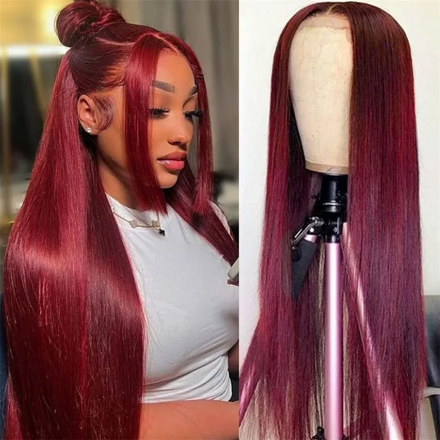 

Malaysian Straight Glueless Lace Front Wigs For Women 99J Red Colored Burgundy 13x4 HD Lace Frontal Human Hair Wig Pre Plucked