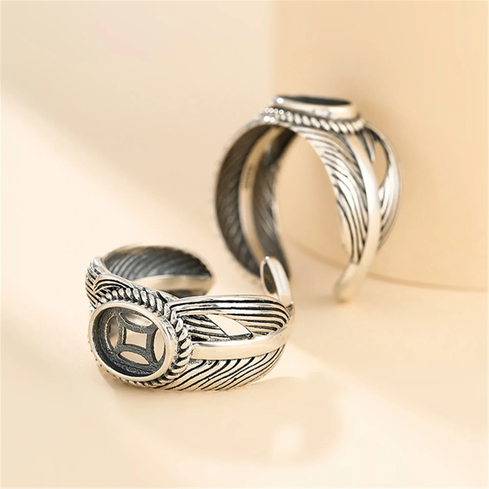

Ring Setting for 7x9mm/8x10mm Oval Cabochons Feather Shape Ring Blank Thai Sterling Silver Adjustable Ring Base SR0516