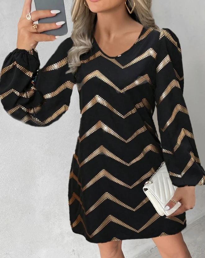 

Print Casual Dress Colorblock Bronzing Chevron 2024 Spring and Summer New Commuting Style Long Sleeve V-Neck A Line Mini Skirt