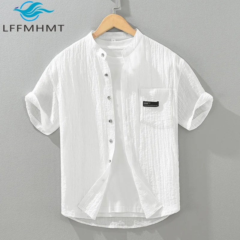 

Винтажная плиссированная текстурная летняя модная дышащая тонкая рубашка для мужчин 1271, однотонная белая мужская блузка с воротником-стойкой и рукавом до локтя