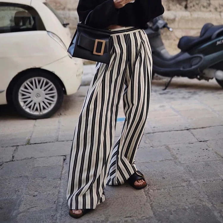 

Women's Black And White Striped Wide Leg 2024 New Casual Slimming High Waisted Loose Drape Pants For Women
