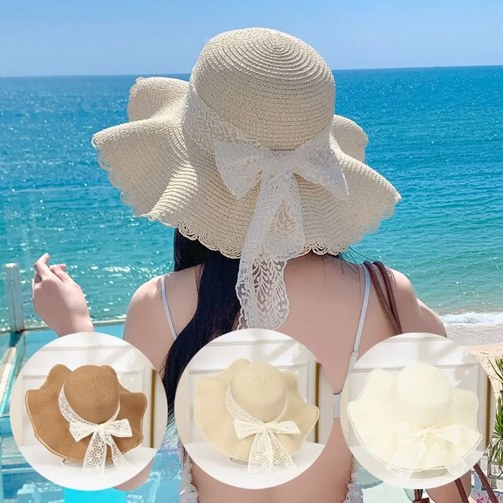 

UV Protection Sun Hat Fashion Straw Wide Brim Beach Hat Bow Ribbons Portable Straw Cap Women