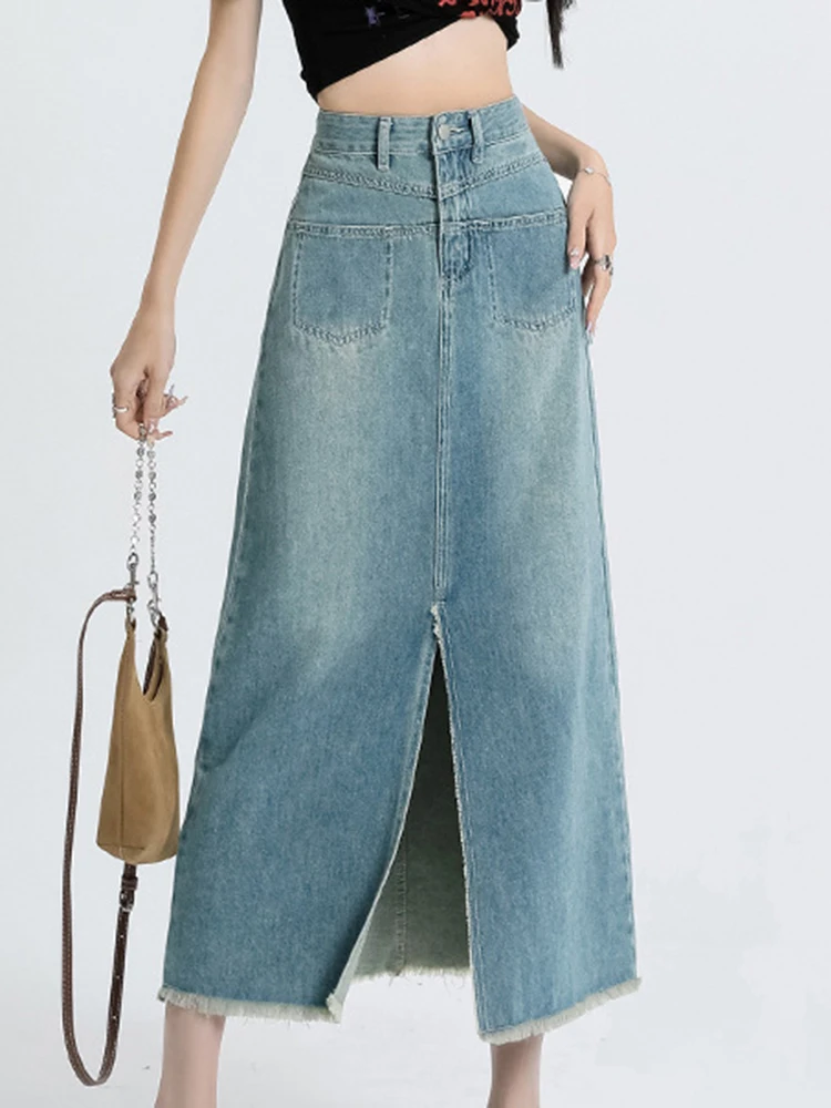 Винтажная джинсовая юбка для женщин, элегантная длинная юбка с разрезом, модная облегающая синяя джинсовая юбка, Женская Повседневная Свободная шикарная трапециевидная джинсовая юбка с необработанным подолом 
Винтажная джинсовая юбка для женщин, элегантная длинная юбка с разрезом, модная облегающая синяя джинсовая юбка, Женская Повседневная Свободная шикарная трапециевидная джинсовая юбка с необработанным подолом